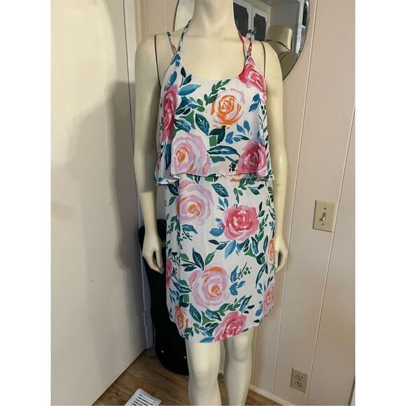 NWOT Everly Layered Strappy Rose Print Mini Lined White Sundress S/M - Picture 1 of 5